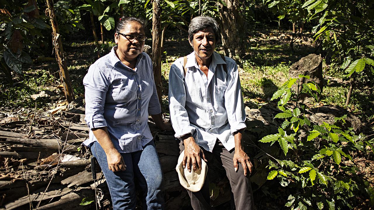 Doña Lurisimit ihrem Ehemann. Mit Nachbarn und Gemeindemitgliedern tauschen sie sich über erfolgreiche Anbaumethoden und Saatgut aus. Foto: Reyes/Misereor